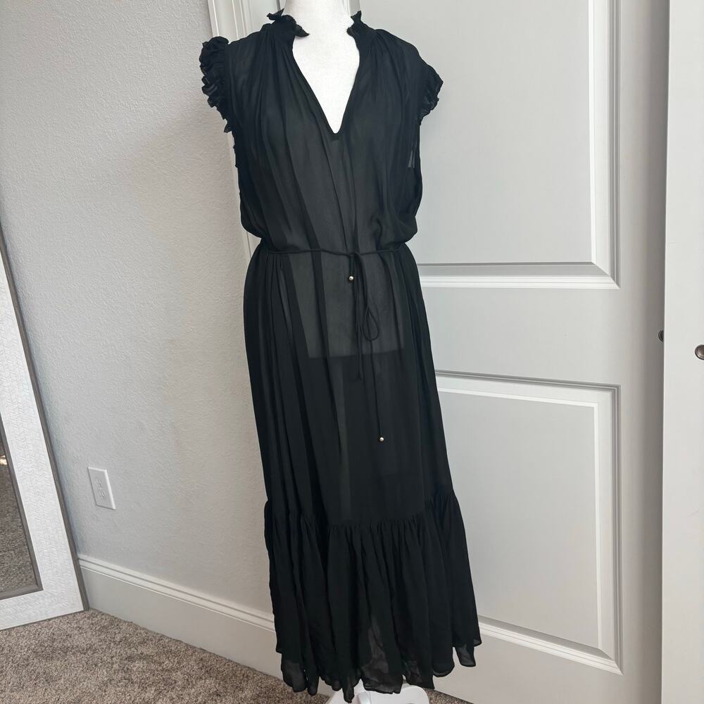 NWT Banana Republic Petite Flounced Hem Midi Dress Sz XS Black Sheer Minimalist - Picture 2 of 16